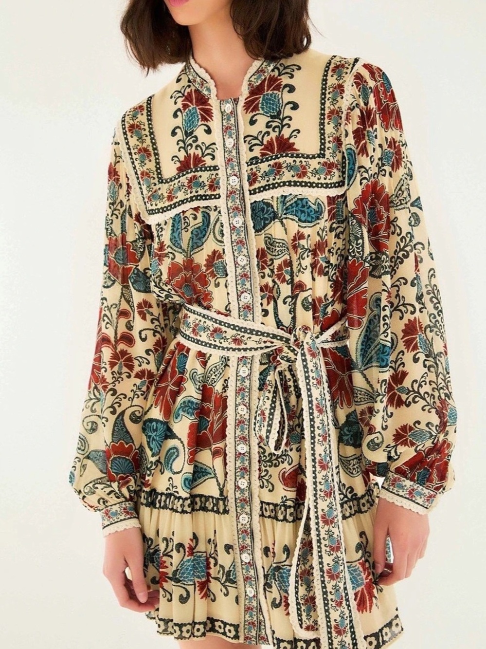 Farm Rio Floral Mini Dress in Cream & Red Like New